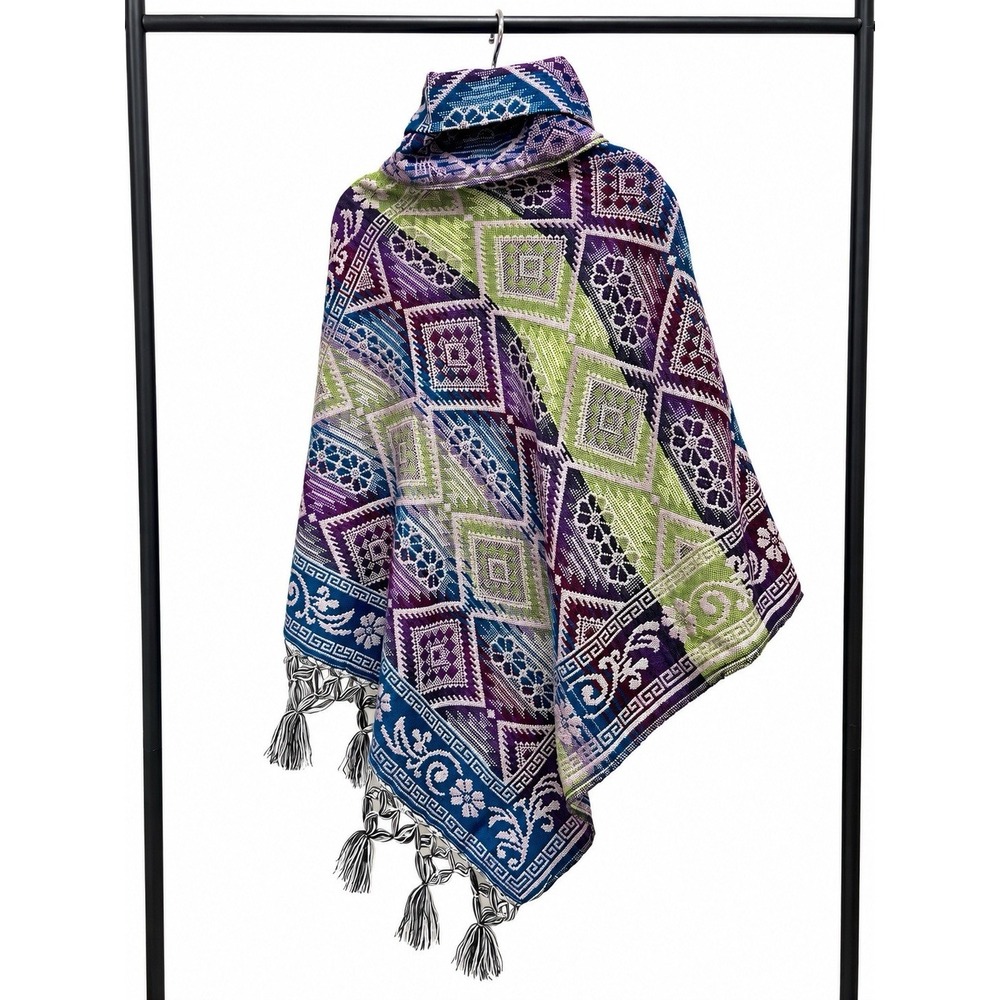 Womens Geometric Cotton Poncho Multicolor Fringe Boho Ruana Wrap Mexico OS - Picture 2 of 2